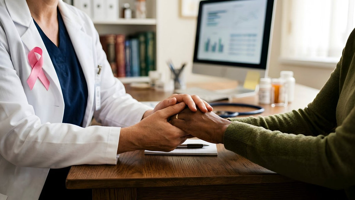 Doctor holding womans hand at desk .