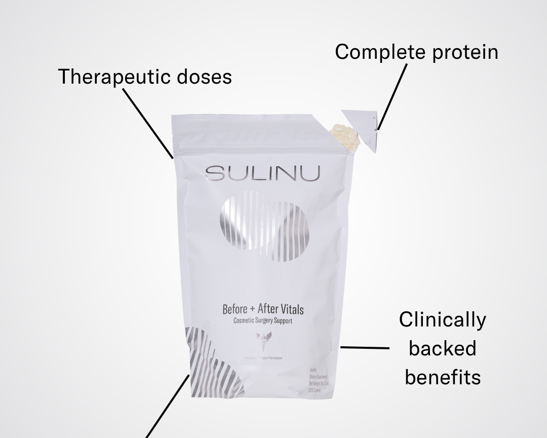 A white Sulinu bag displays "Before + After Vitals - NutriSurgical Vitamin Powder" at the center, with arrows showing benefits: therapeutic doses, cost savings, complete protein, and clinically backed pre/post surgery support.