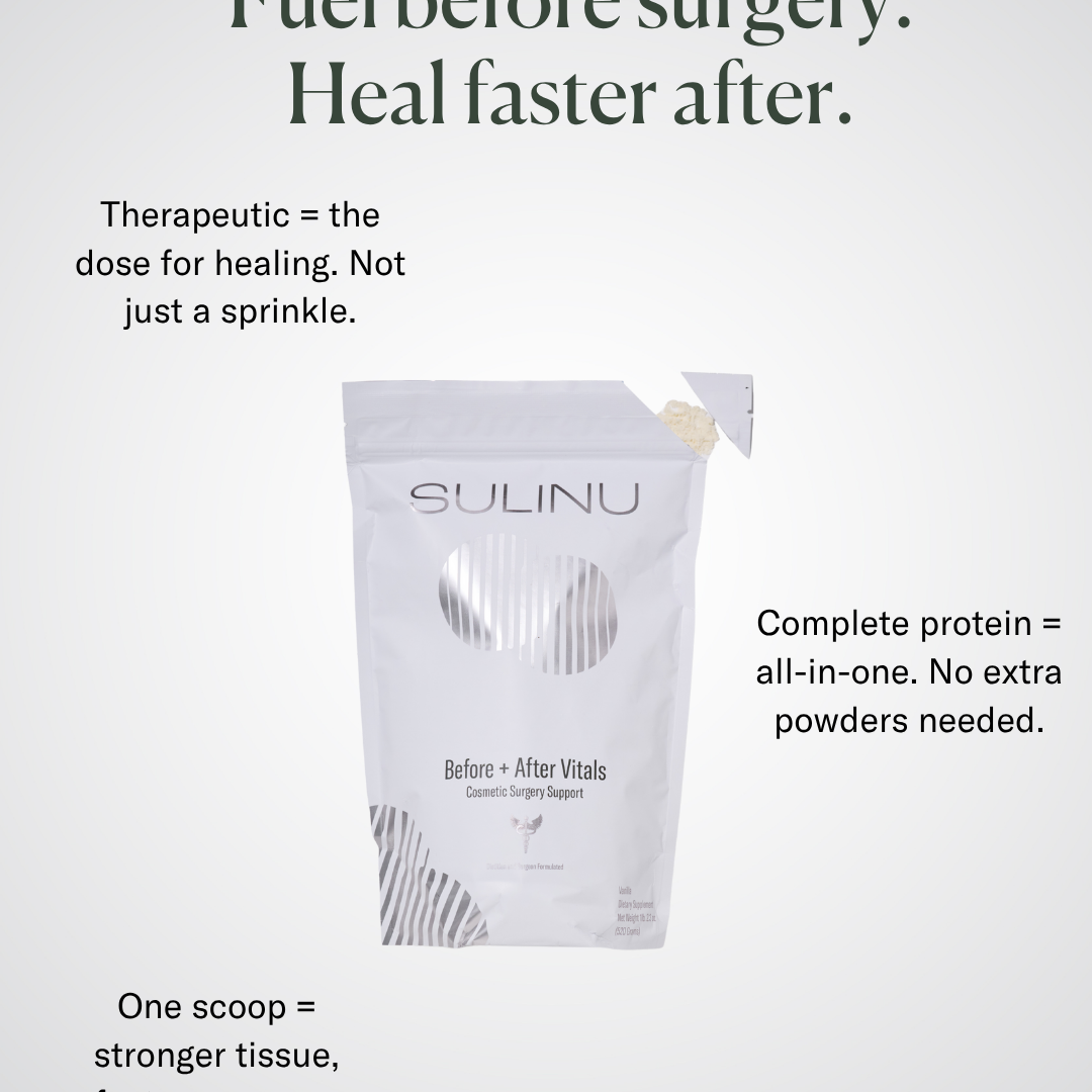A white bag labeled Before + After Vitals - NutriSurgical Vitamin Powder sits centered on a light background. Text highlights it as a complete protein and top pre/post-surgery supplement—just one scoop aids incision healing and faster recovery.