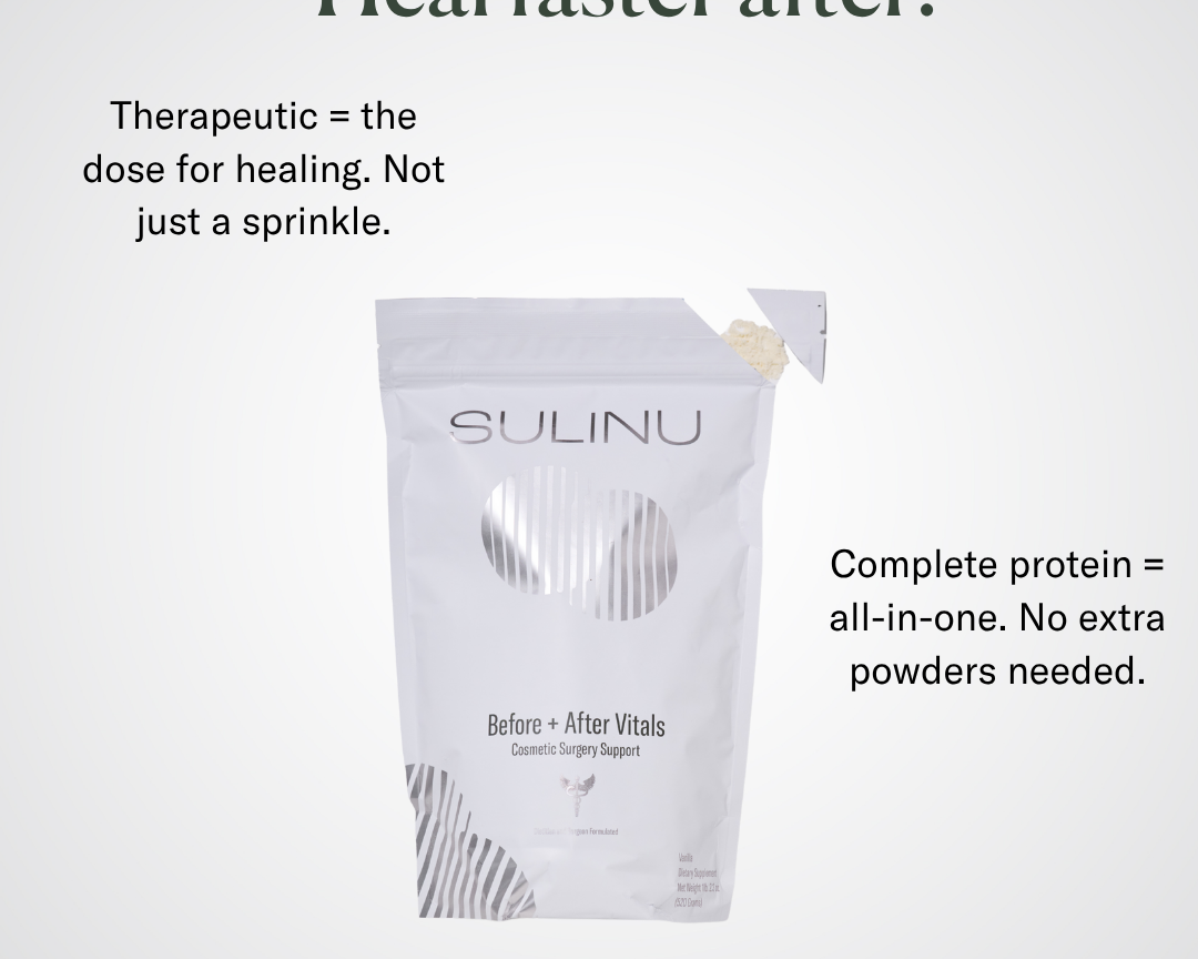 A white bag labeled Before + After Vitals - NutriSurgical Vitamin Powder sits centered on a light background. Text highlights it as a complete protein and top pre/post-surgery supplement—just one scoop aids incision healing and faster recovery.