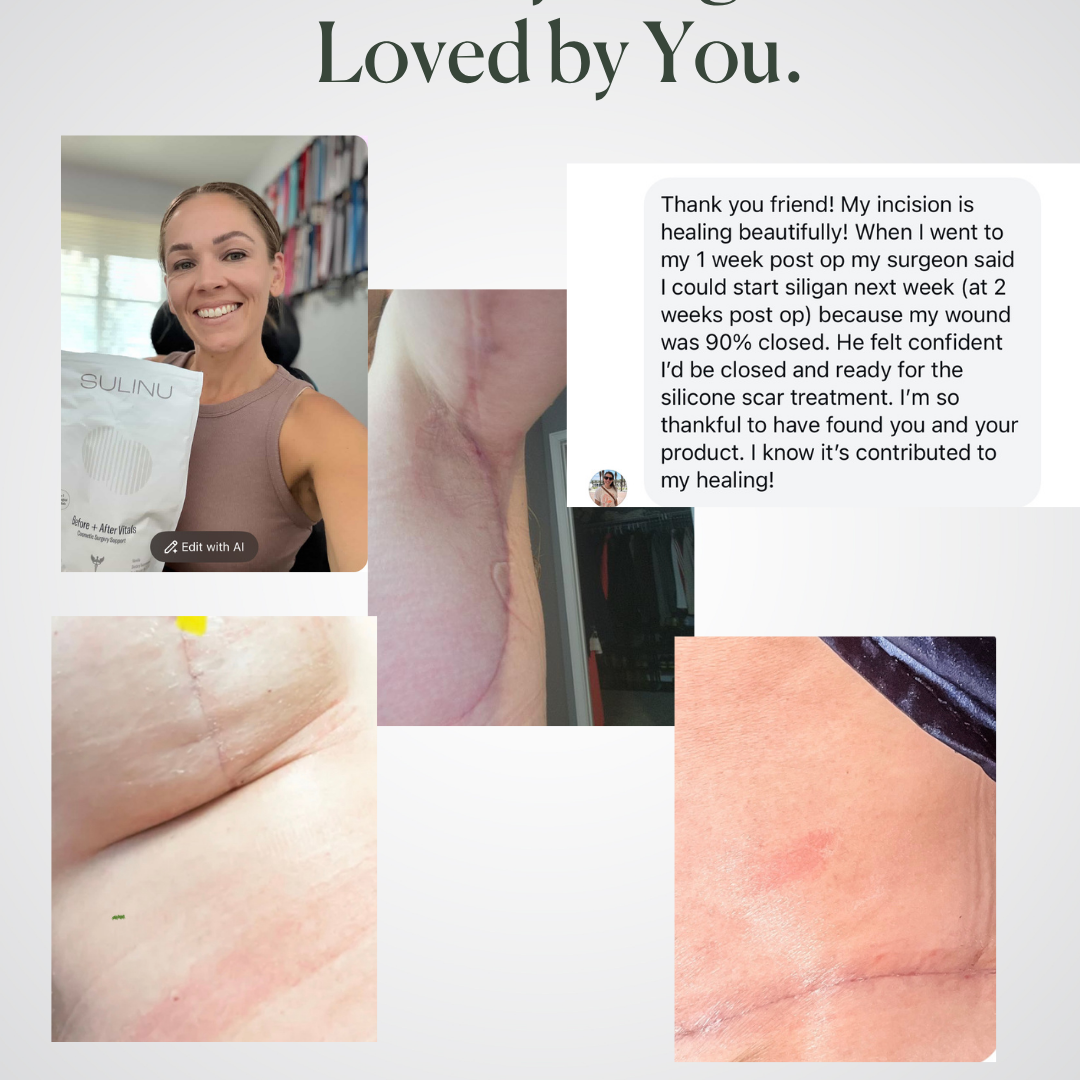 A collage shows a smiling woman with Before + After Vitals - NutriSurgical Vitamin Powder, close-ups of healed scars, and reviews praising its effectiveness for incision healing and as a top pre/post-surgery supplement for fast recovery.