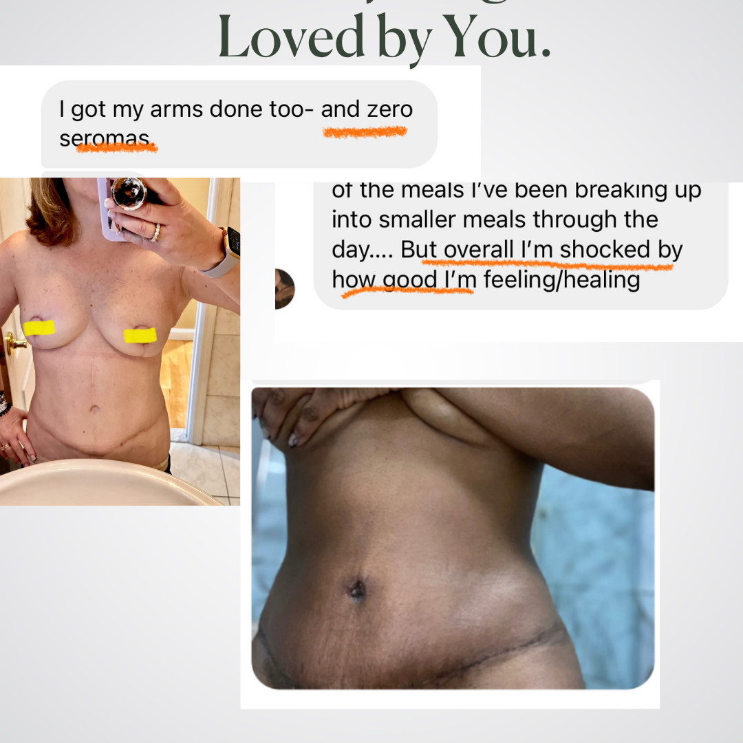 A collage shows a woman’s healed torso with minimal scarring after surgery—thanks to Before + After Vitals NutriSurgical Vitamin Powder—text messages praising her healing and no seromas, with “Trusted by Surgeons. Loved by You.” at the top.