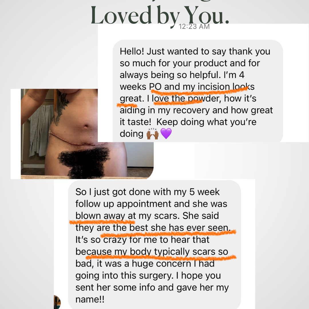 A testimonial collage features praise for Before + After Vitals - NutriSurgical Vitamin Powder in aiding incision healing after surgery, with highlighted reviews and a cropped image showing part of a healing abdominal scar.