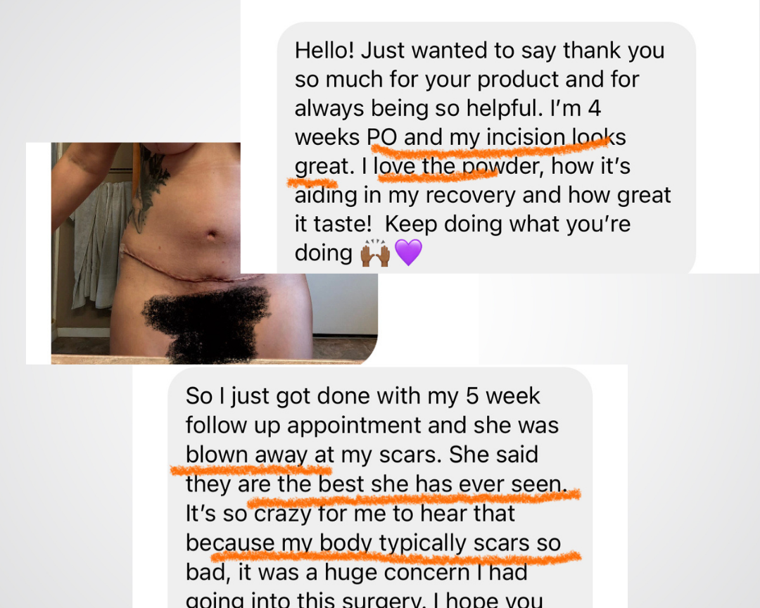 A testimonial collage features praise for Before + After Vitals - NutriSurgical Vitamin Powder in aiding incision healing after surgery, with highlighted reviews and a cropped image showing part of a healing abdominal scar.