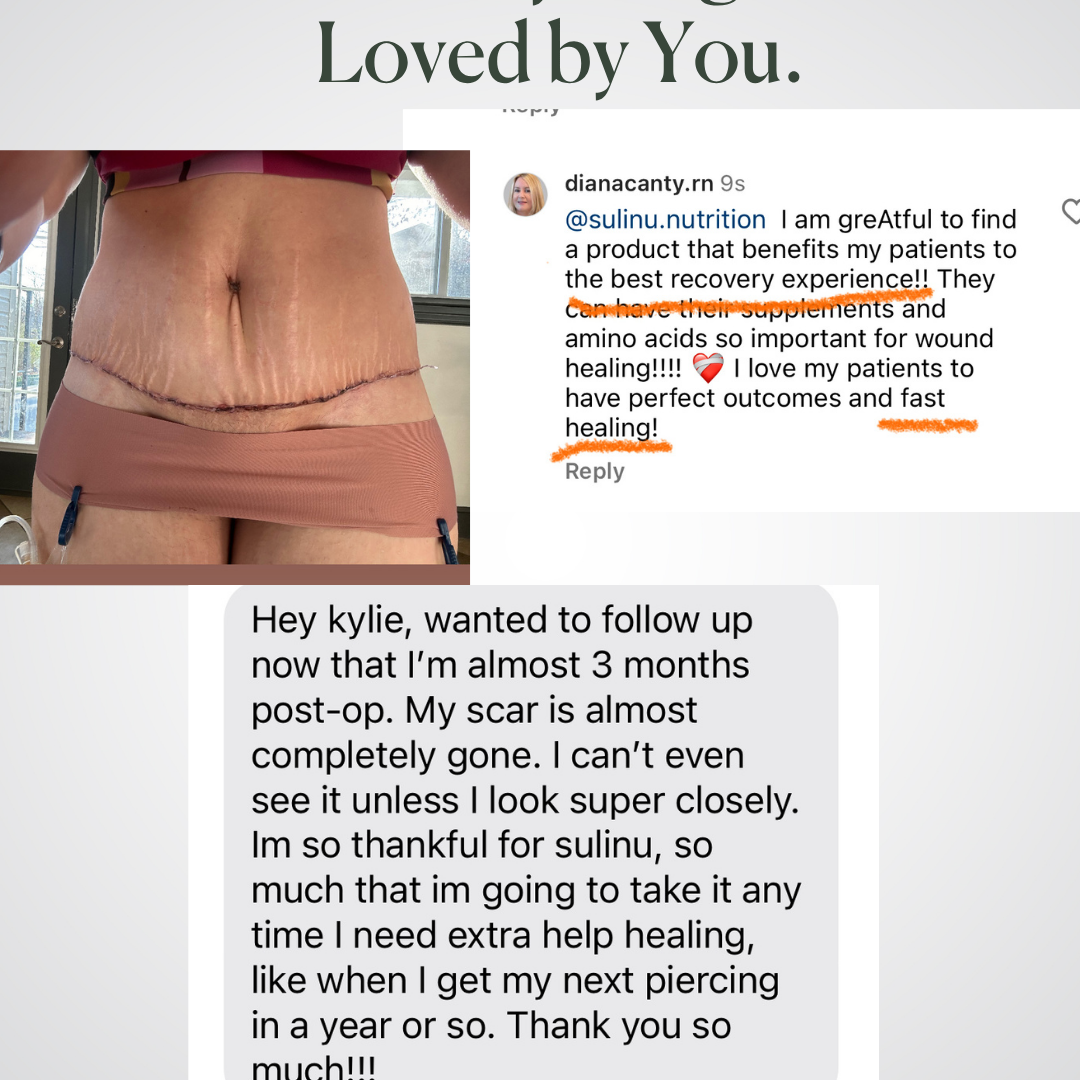 A social media post shows a woman’s healed abdominal scar. Overlay text features a surgeon praising Before + After Vitals - NutriSurgical Vitamin Powder for wound healing and a patient thanking it for improved incision recovery.
