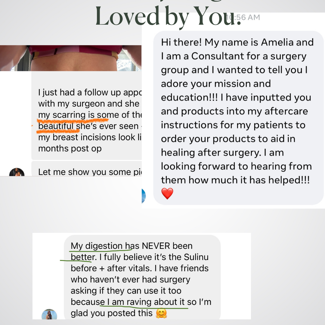 A collage showcases testimonials about Before + After Vitals - NutriSurgical Vitamin Powder, featuring praise for better scarring and digestion. A standout message shares a consultant's recommendation for post-surgery wound healing. ❤️.