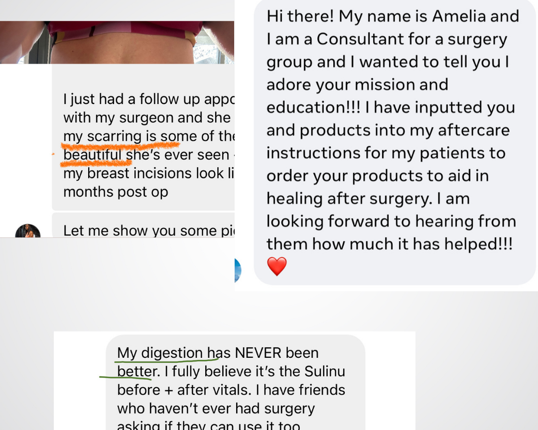 A collage showcases testimonials about Before + After Vitals - NutriSurgical Vitamin Powder, featuring praise for better scarring and digestion. A standout message shares a consultant's recommendation for post-surgery wound healing. ❤️.