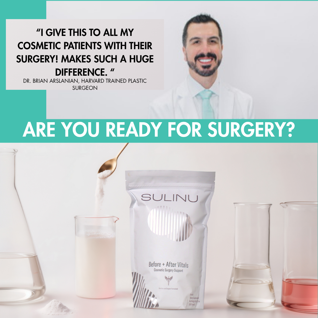 A smiling man in a suit appears above a quote on cosmetic surgery. Below, the white Before + After Vitals - NutriSurgical Vitamin Powder package is shown with lab tools, highlighting pre/post-surgery supplements. Text: ARE YOU READY FOR SURGERY?.