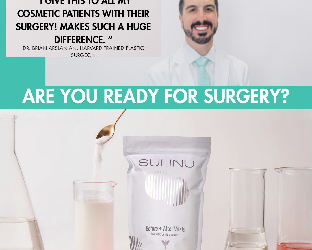 A smiling man in a suit appears above a quote on cosmetic surgery. Below, the white Before + After Vitals - NutriSurgical Vitamin Powder package is shown with lab tools, highlighting pre/post-surgery supplements. Text: ARE YOU READY FOR SURGERY?.