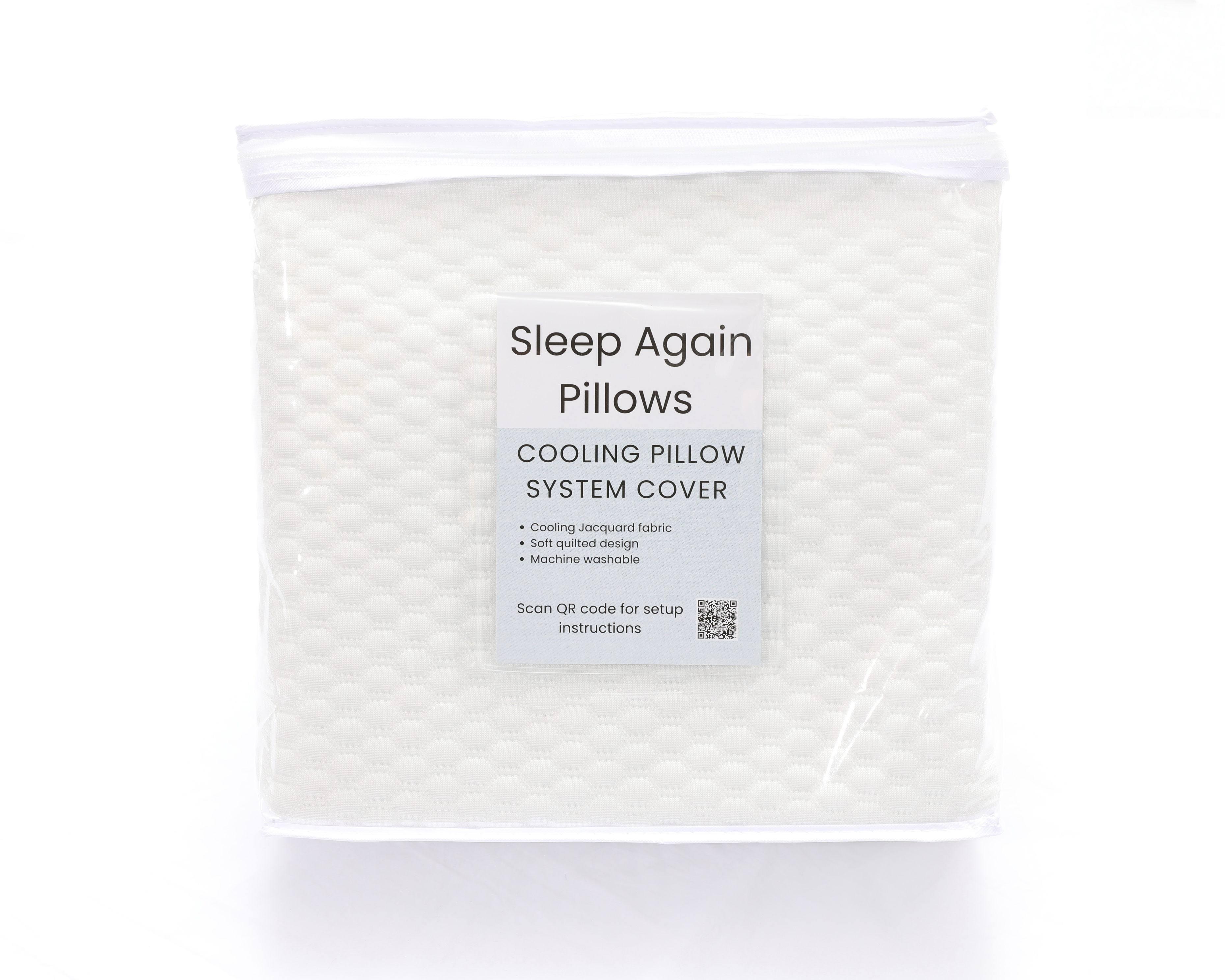 A packaged Cooling Fitted Sheet for the Sleep Again Pillow System with a textured white surface, label highlighting cooling jacquard fabric, soft inner cover, machine washability, and QR code—ideal for hot sleepers or pairing with a cooling pillow cover.