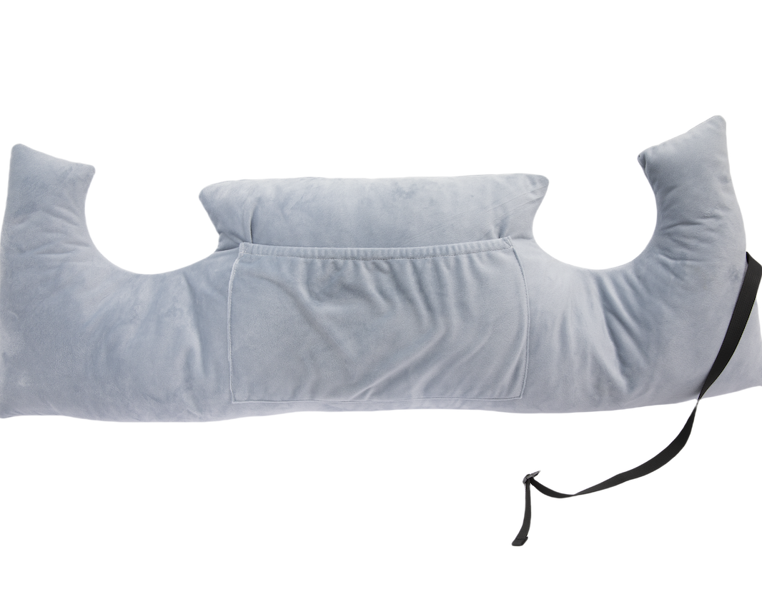 The Chest Pillow is a light gray, U-shaped post-surgery pillow featuring a center rectangular pocket and two black adjustable straps at each end, shown on a white background.