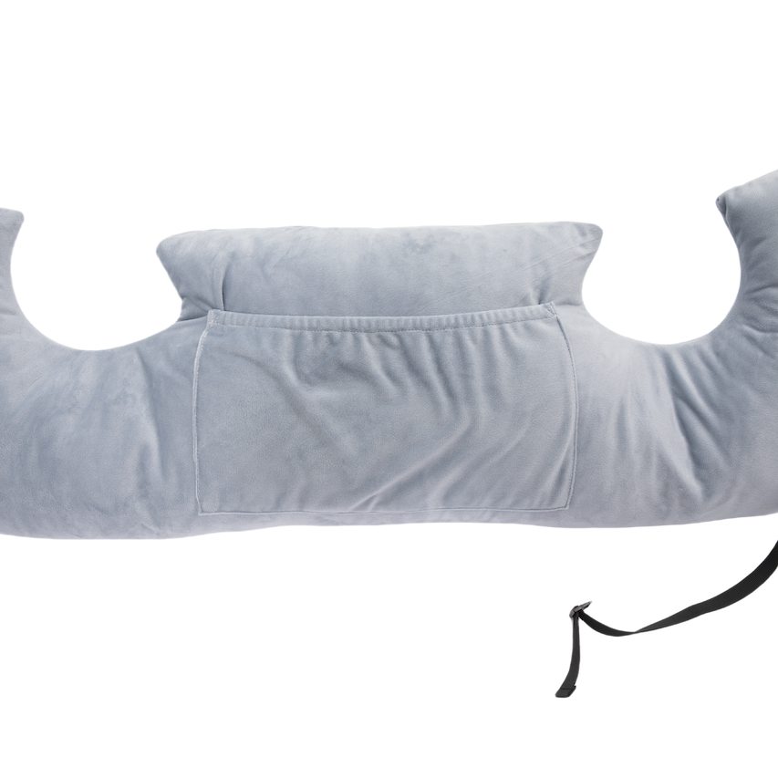 The Chest Pillow is a light gray, U-shaped post-surgery pillow featuring a center rectangular pocket and two black adjustable straps at each end, shown on a white background.