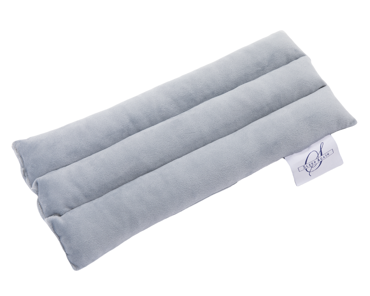 A rectangular, light gray Seat Belt Pillow with three sections and a small white tag showing a logo and text. Designed for chest support during surgery recovery, it is displayed on a plain white background.