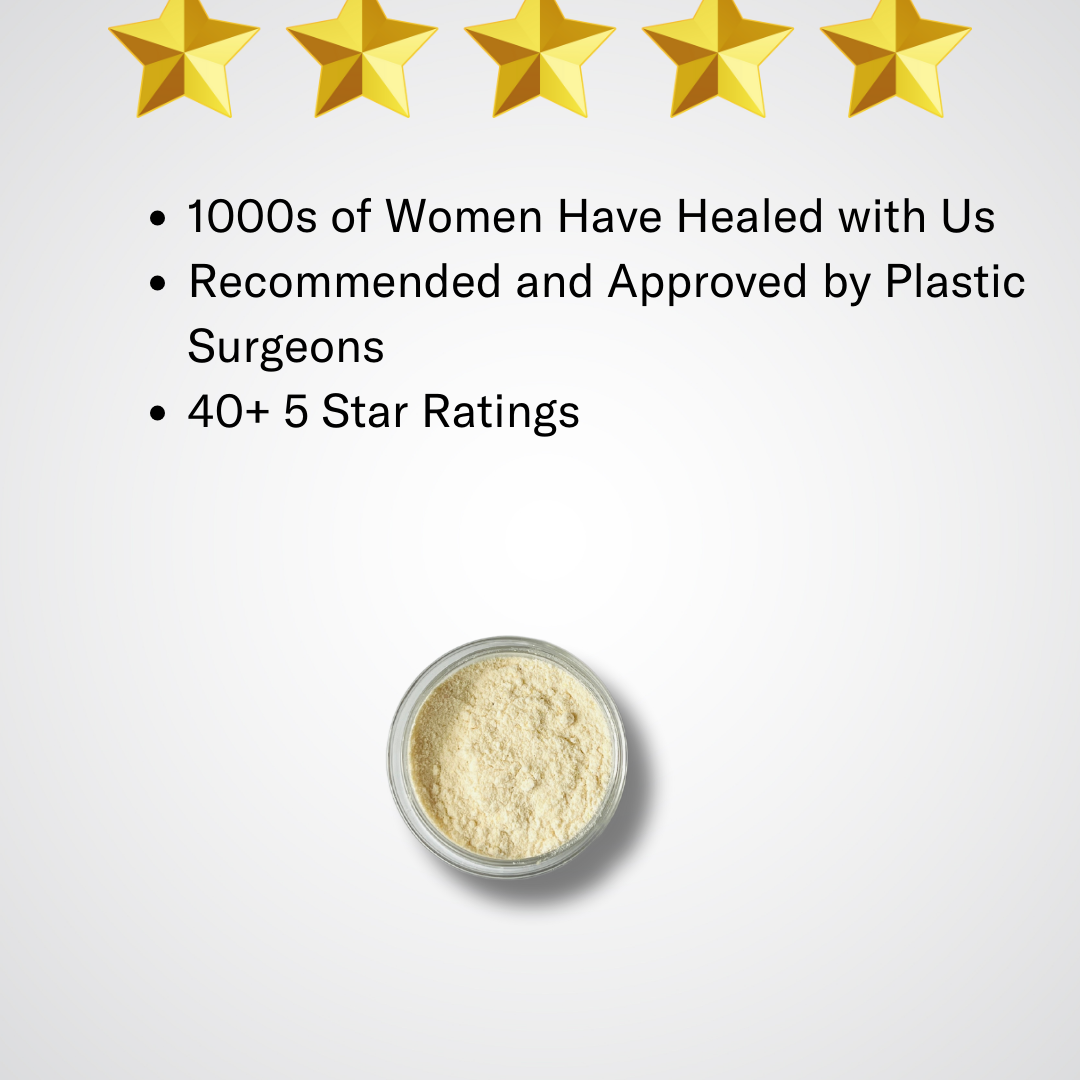Five gold stars shine above glowing reviews of Before + After Vitals - NutriSurgical Vitamin Powder, with a small container of the light-colored supplement powder centered below the text on a light background.