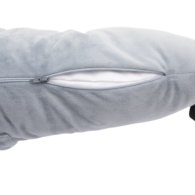 A close-up of the gray Chest Pillow shows a soft, plush texture, a black handle on the right, and a partially open zipper revealing its white inner lining—ideal as a supportive post-surgery pillow.