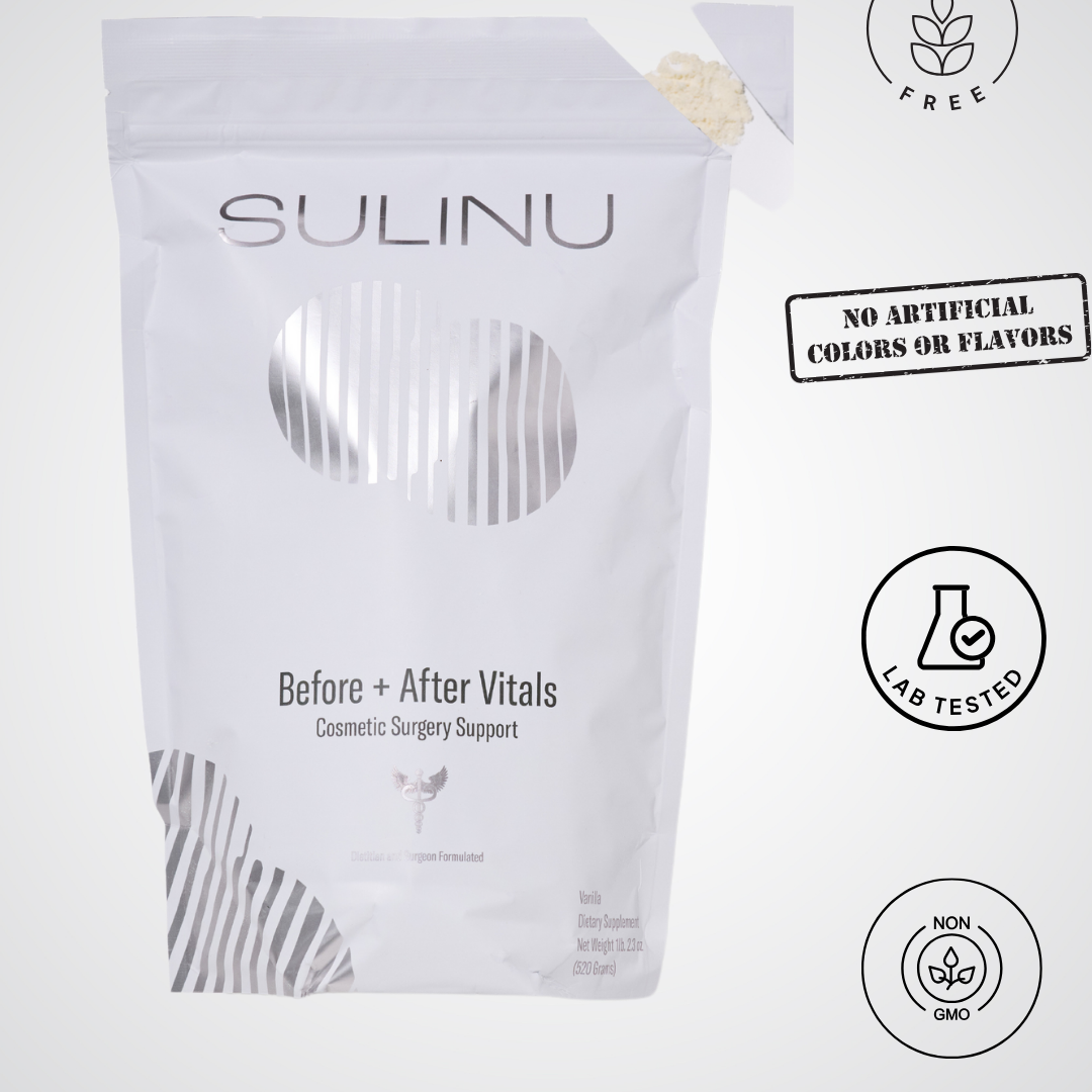 A white pouch labeled Before + After Vitals - NutriSurgical Vitamin Powder stands upright. Icons show it's gluten-free, lab tested, non-GMO, and free of artificial colors or flavors—ideal for incision healing before and after surgery.