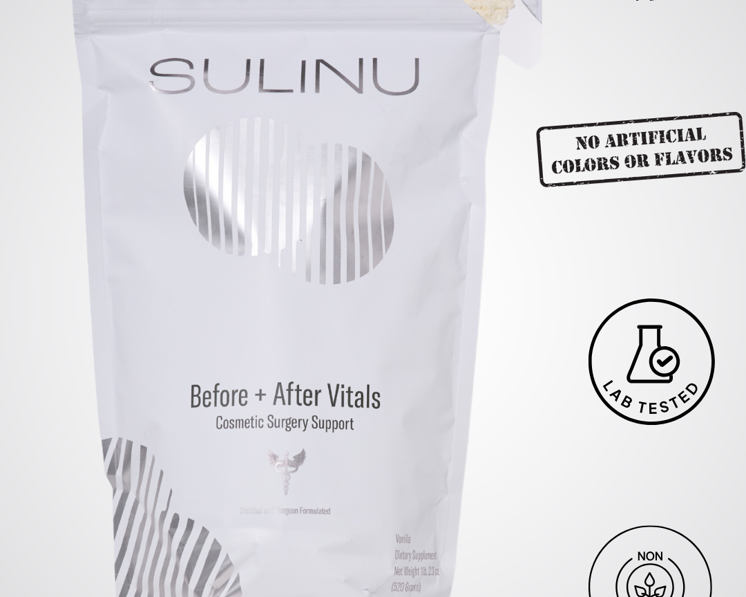 A white pouch labeled Before + After Vitals - NutriSurgical Vitamin Powder stands upright. Icons show it's gluten-free, lab tested, non-GMO, and free of artificial colors or flavors—ideal for incision healing before and after surgery.