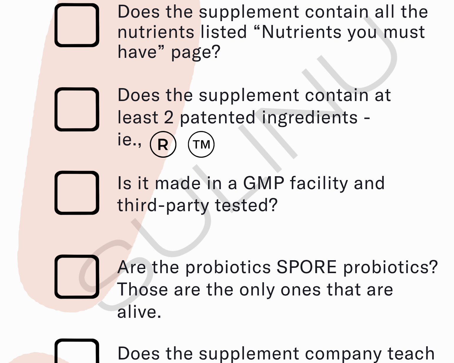 Explore the How to Choose Your Surgery Supplement checklist, featuring questions on nutrients, wound-healing vitamins, patented ingredients in Before + After Vitals NutriSurgical Vitamin Powder, GMP testing, spore probiotics, and educational support.