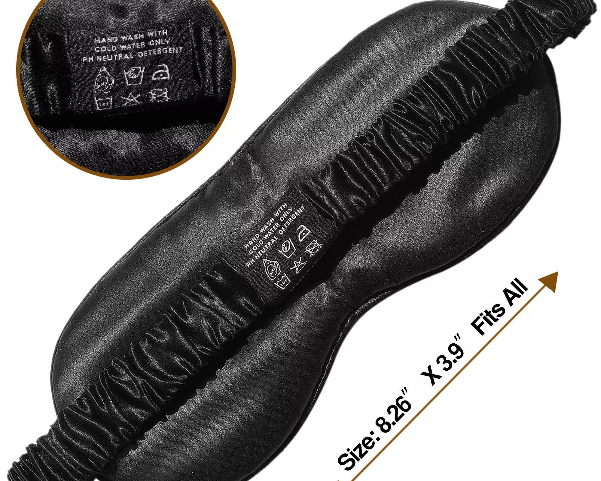 The Mulberry Silk Sleep Eye Mask with Silk Covered Elastic Strap is shown in black. Care instructions are visible inside. An arrow below indicates the size is 8.25 x 3.9 inches and states Fits All.