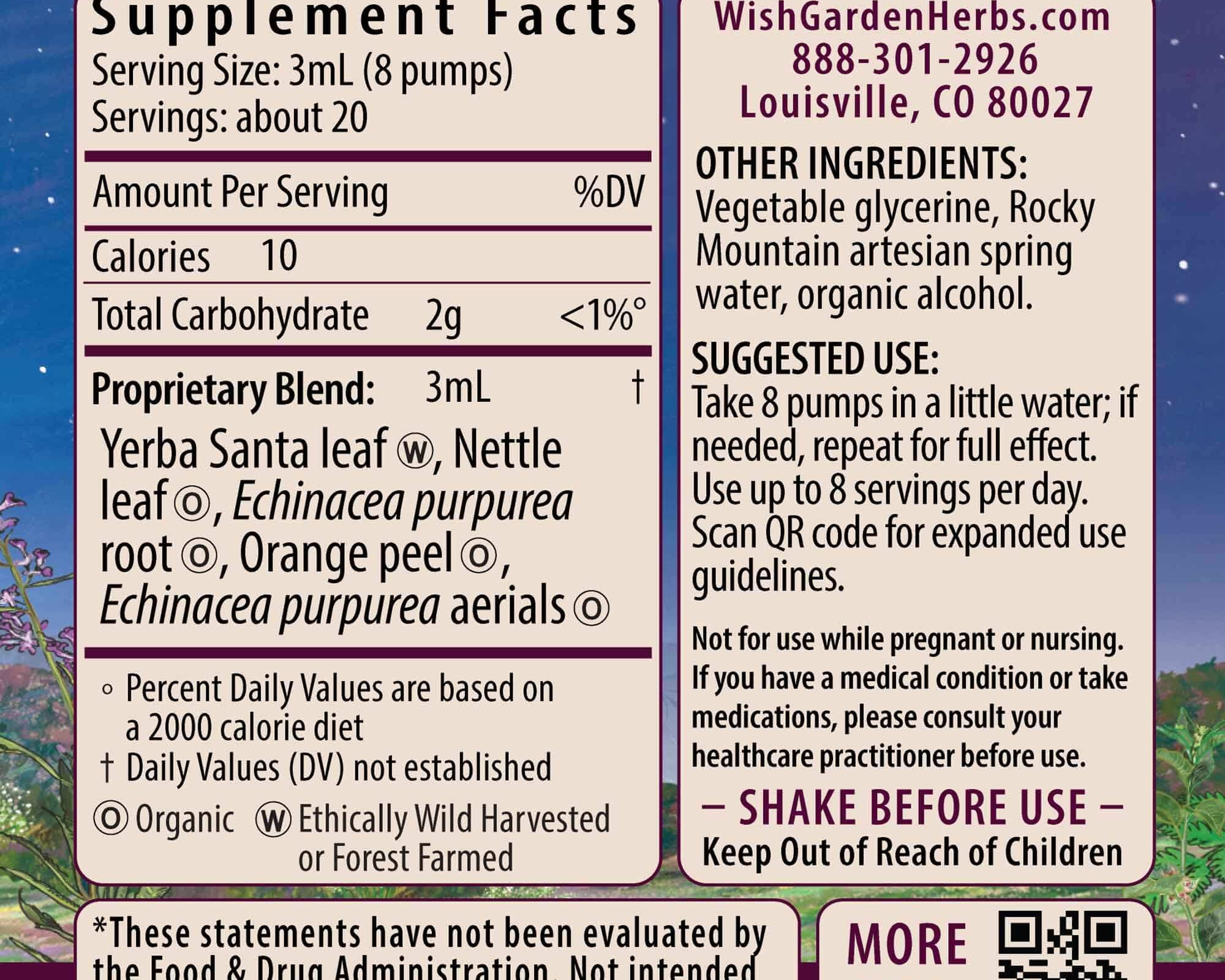 Kick-Ass Allergy, Seasonal Rescue supplement facts label lists yerba santa, nettle leaf, echinacea root and purpurea root, orange peel. Includes usage instructions and safety warnings for herbal allergy support.