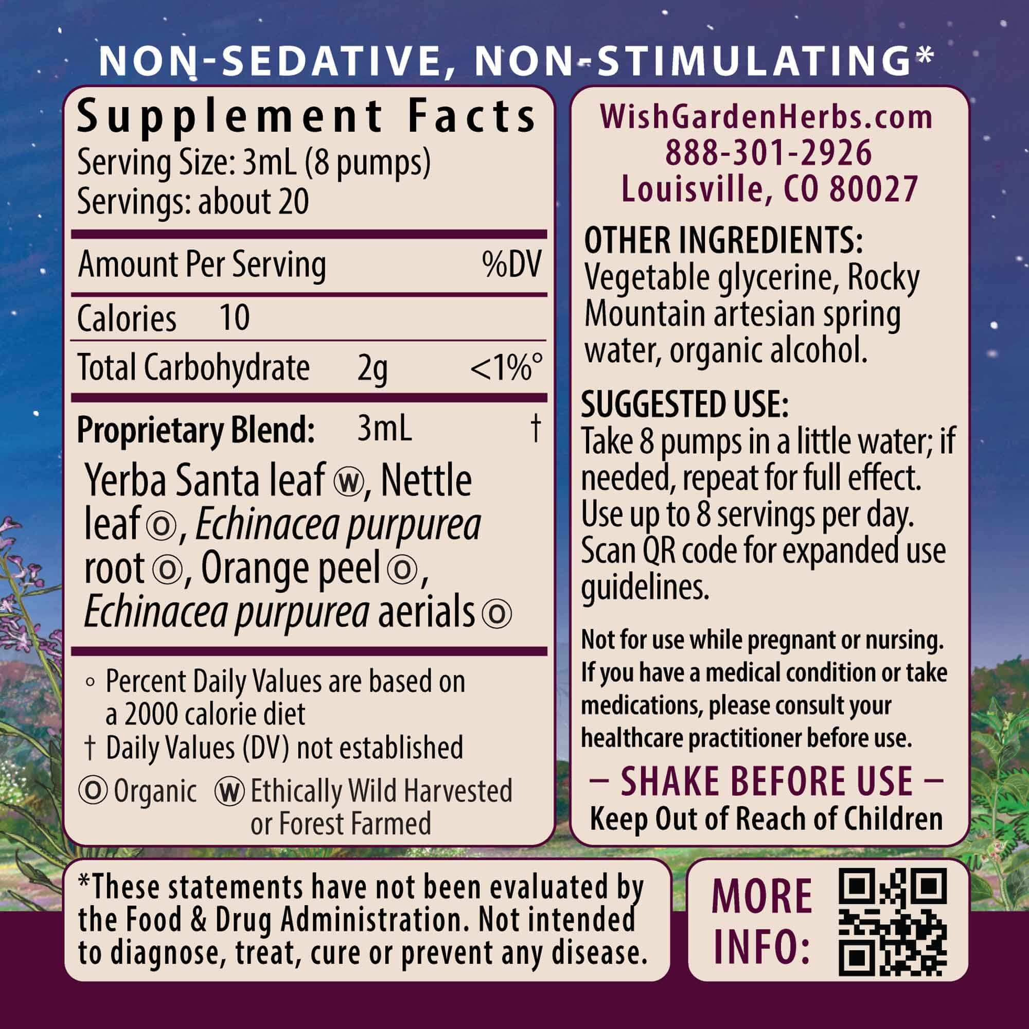 Kick-Ass Allergy, Seasonal Rescue supplement facts label lists yerba santa, nettle leaf, echinacea root and purpurea root, orange peel. Includes usage instructions and safety warnings for herbal allergy support.