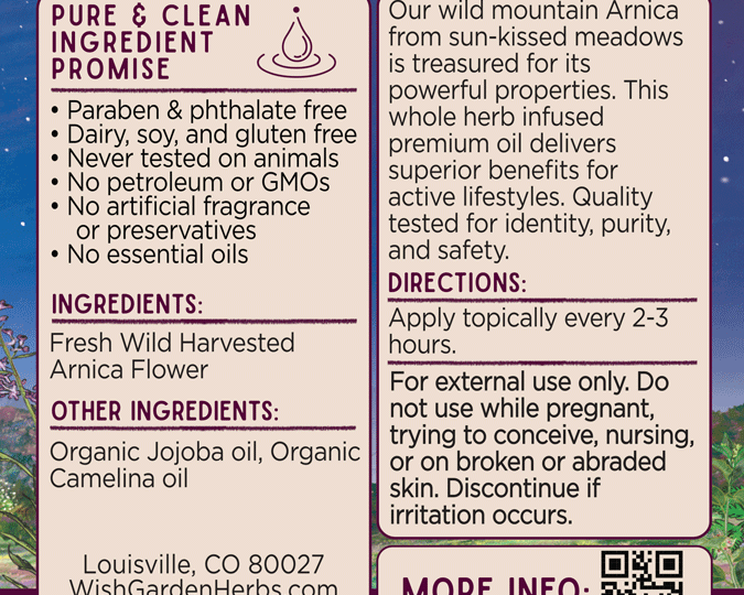 The Arnica Oil Nurture & Restore label lists pure ingredients, directions, and contact info. Its purple background features mountains, meadows, and a QR code for more on this natural skincare muscle massage oil.