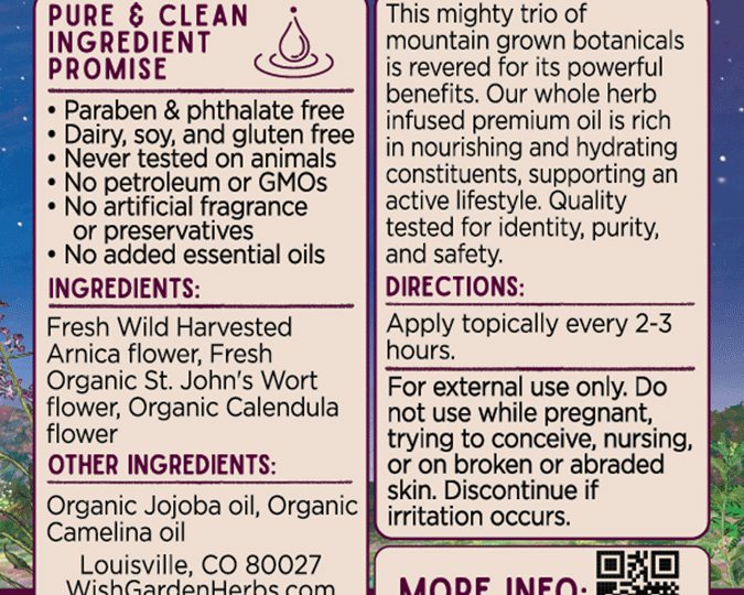 Restorative Oil - Arnica, St. John's Wort & Calendula label lists pure ingredients, usage directions, safety info, contact details, and a QR code to learn more about this natural herb-infused body oil for skincare.