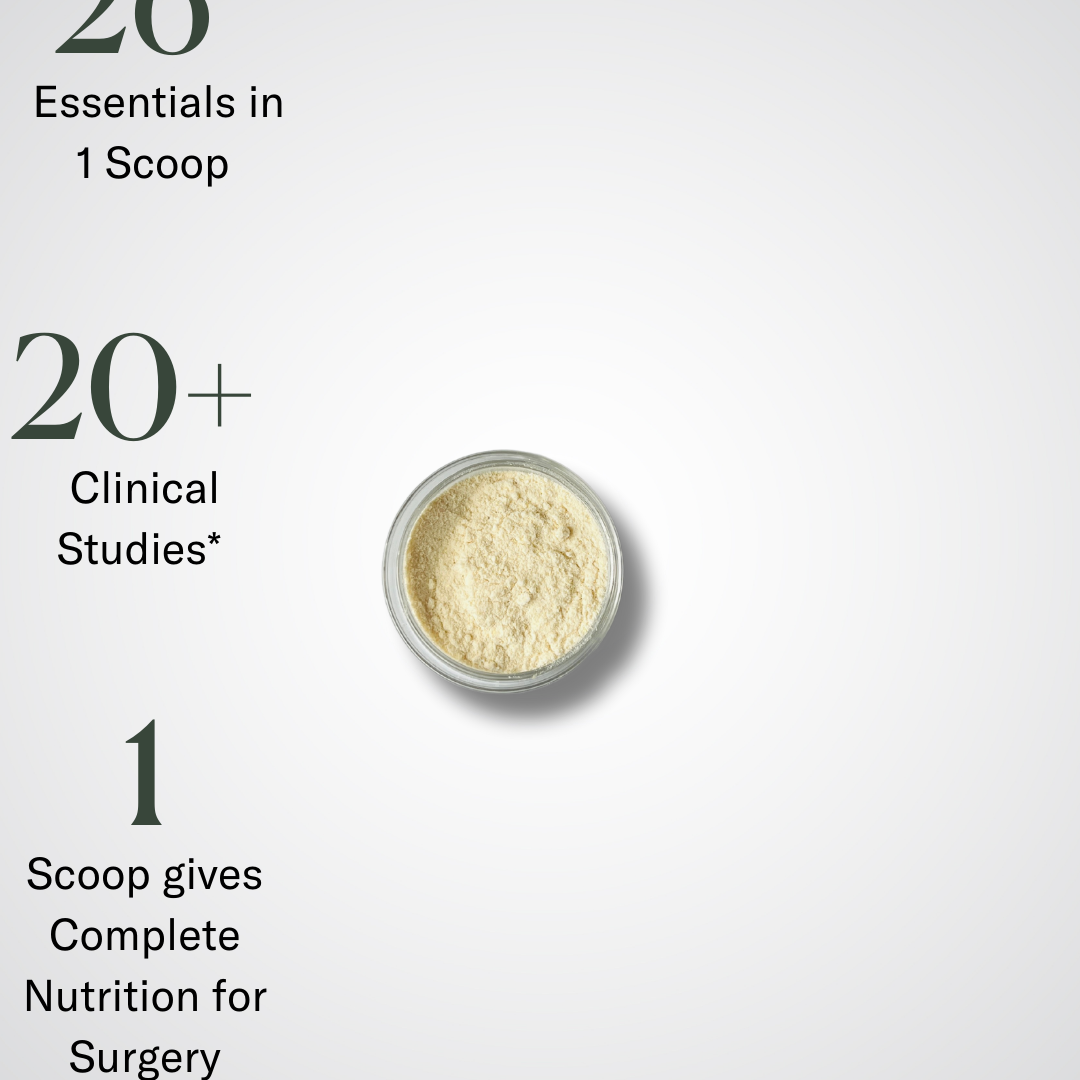 A small container of Before + After Vitals - NutriSurgical Vitamin Powder is centered on a white background, showcasing 26 Essentials in 1 Scoop, backed by 20+ clinical studies*, for complete nutrition and wound-healing vitamins for surgery.