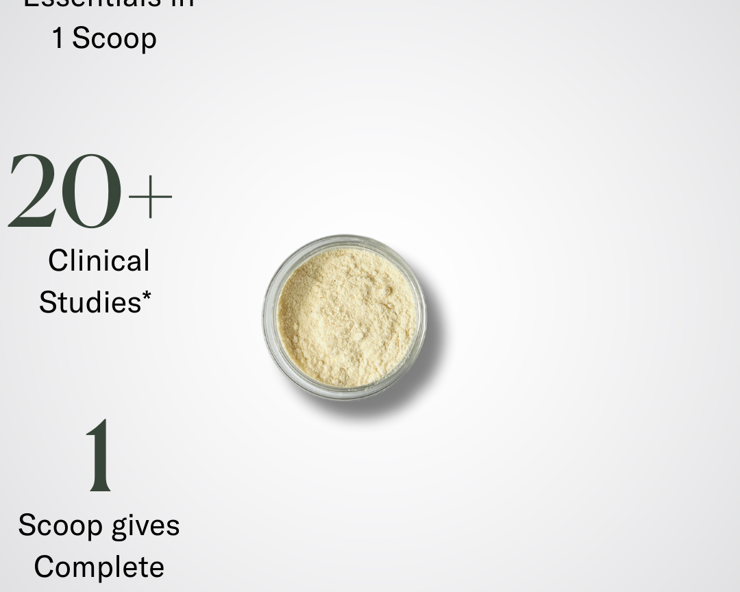 A small container of Before + After Vitals - NutriSurgical Vitamin Powder is centered on a white background, showcasing 26 Essentials in 1 Scoop, backed by 20+ clinical studies*, for complete nutrition and wound-healing vitamins for surgery.