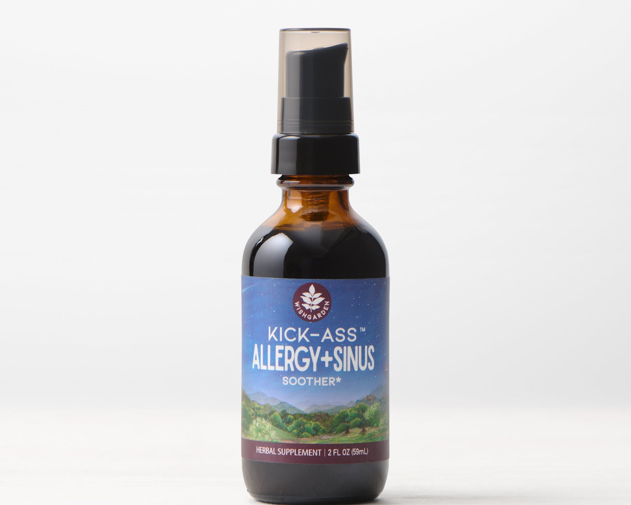 A brown glass bottle labeled "Kick-Ass Allergy & Sinus, Soother Herbal Supplement 2 fl oz (59 mL)" with a pump dispenser, providing fast-acting allergy and sinus relief, is shown against a plain white background.