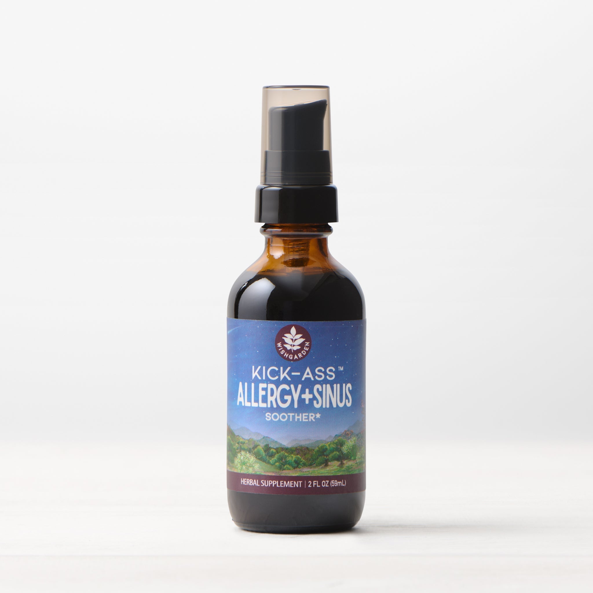 A brown glass bottle labeled "Kick-Ass Allergy & Sinus, Soother Herbal Supplement 2 fl oz (59 mL)" with a pump dispenser, providing fast-acting allergy and sinus relief, is shown against a plain white background.
