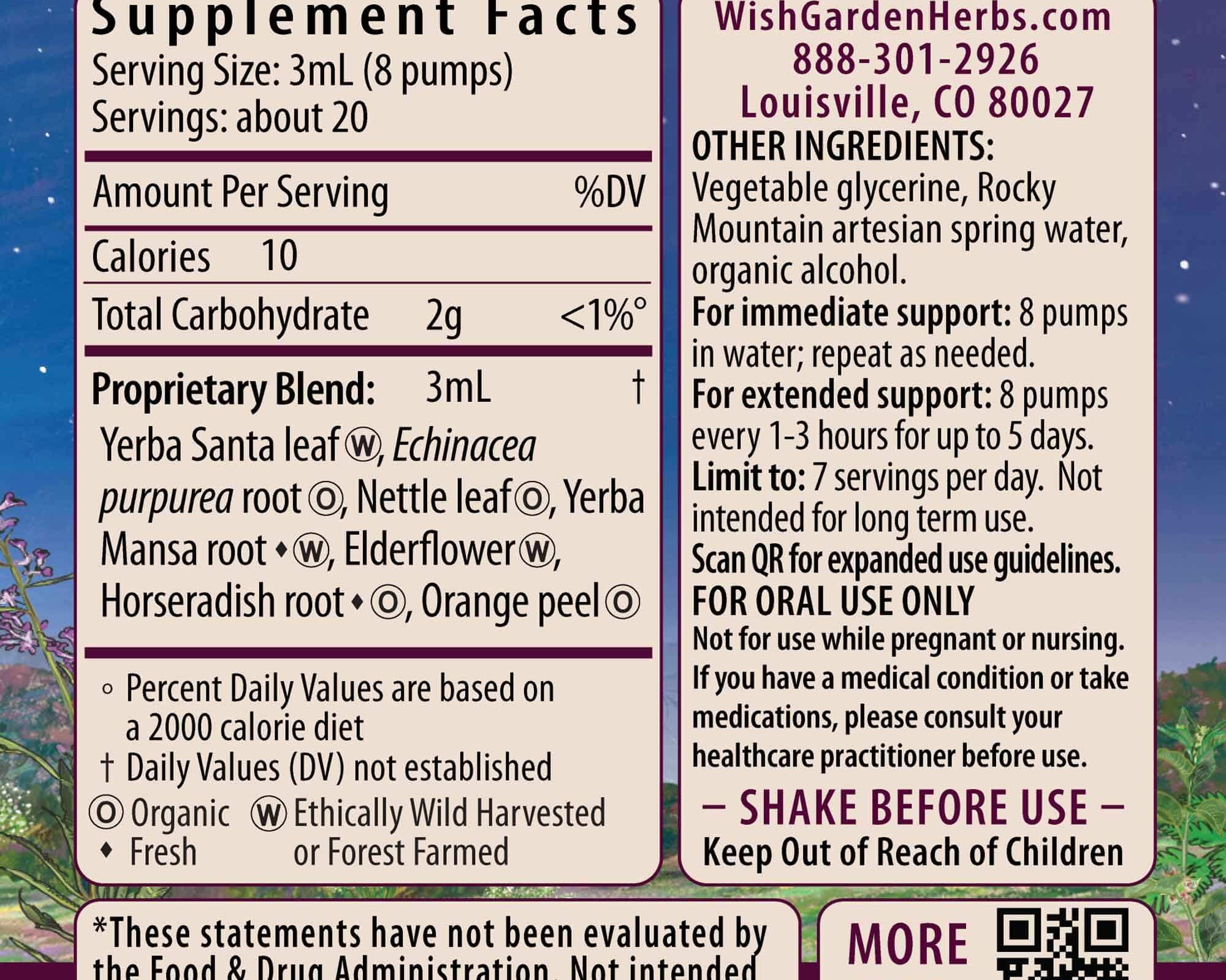 Kick-Ass Allergy & Sinus, Soother supplement facts label highlights yarrow, echinacea, and elderflower for allergy and sinus support. Features serving size, dosage, warnings, and company contact info on a colorful background.
