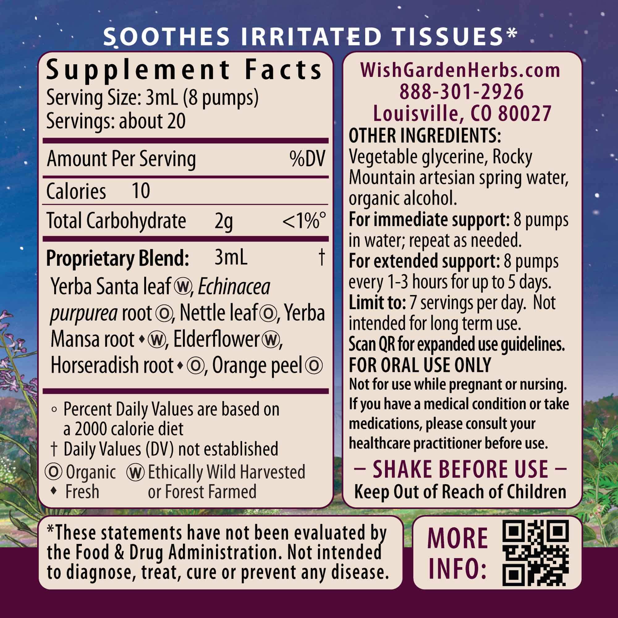 Kick-Ass Allergy & Sinus, Soother supplement facts label highlights yarrow, echinacea, and elderflower for allergy and sinus support. Features serving size, dosage, warnings, and company contact info on a colorful background.