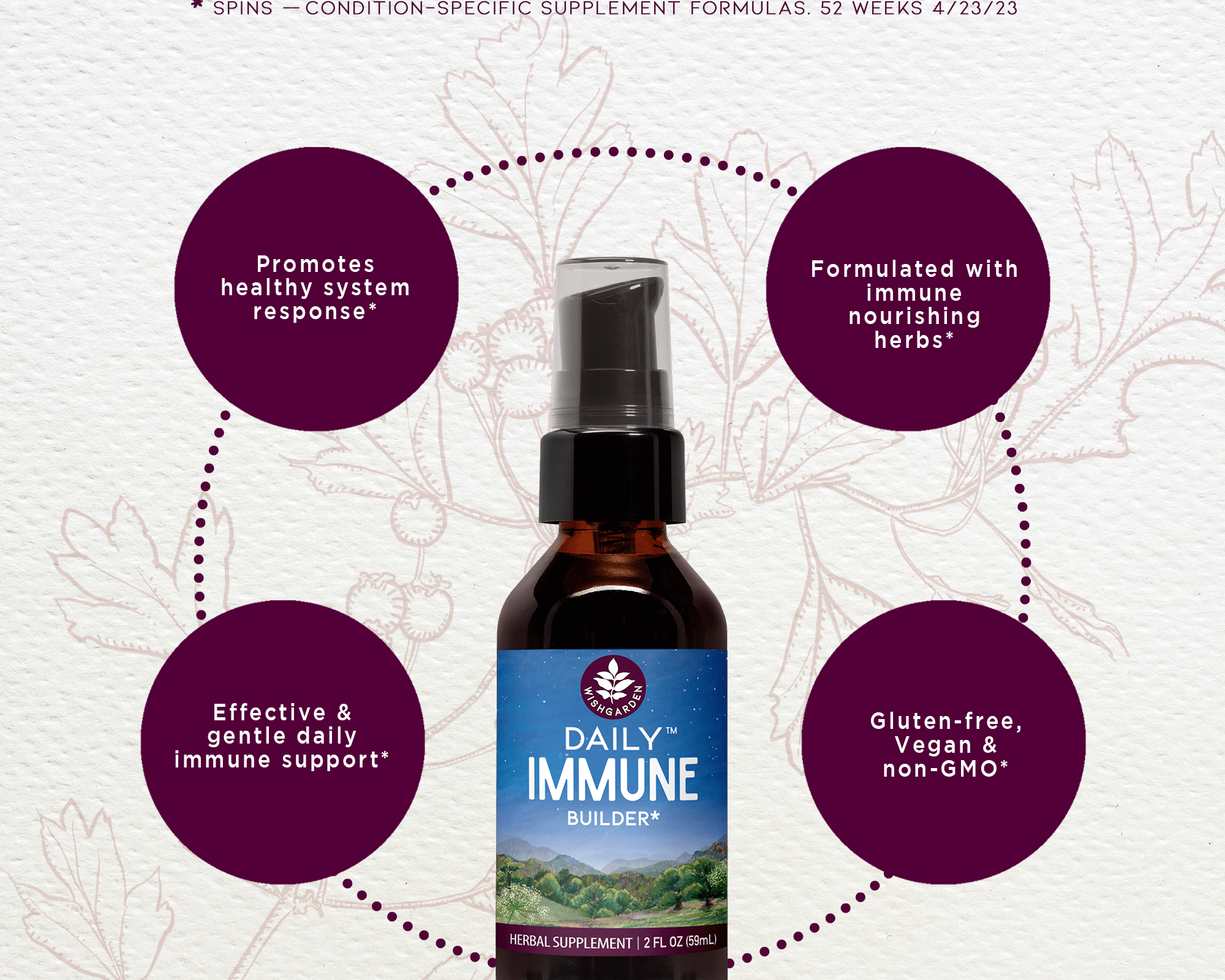 A brown glass bottle labeled Daily Immune Builder sits on a light background with leaf designs. Four text bubbles highlight daily immune support, healthy system response, nourishing elderberry herbs, and gluten-free/vegan/non-GMO.
