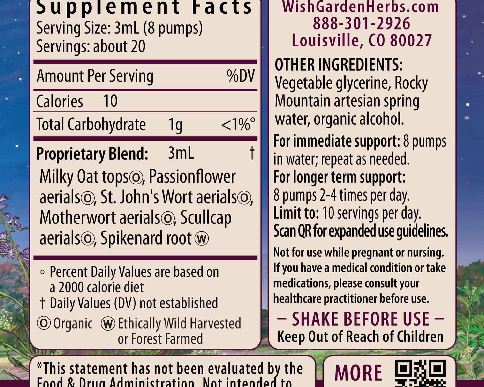 Supplement facts label for "Emotional Ally: A Big Herbal Hug" stress relief tincture, with mood and emotional support herbs like milk oat tops and passionflower, dosing instructions, manufacturer info, warnings, floral border, organic and ethical icons.