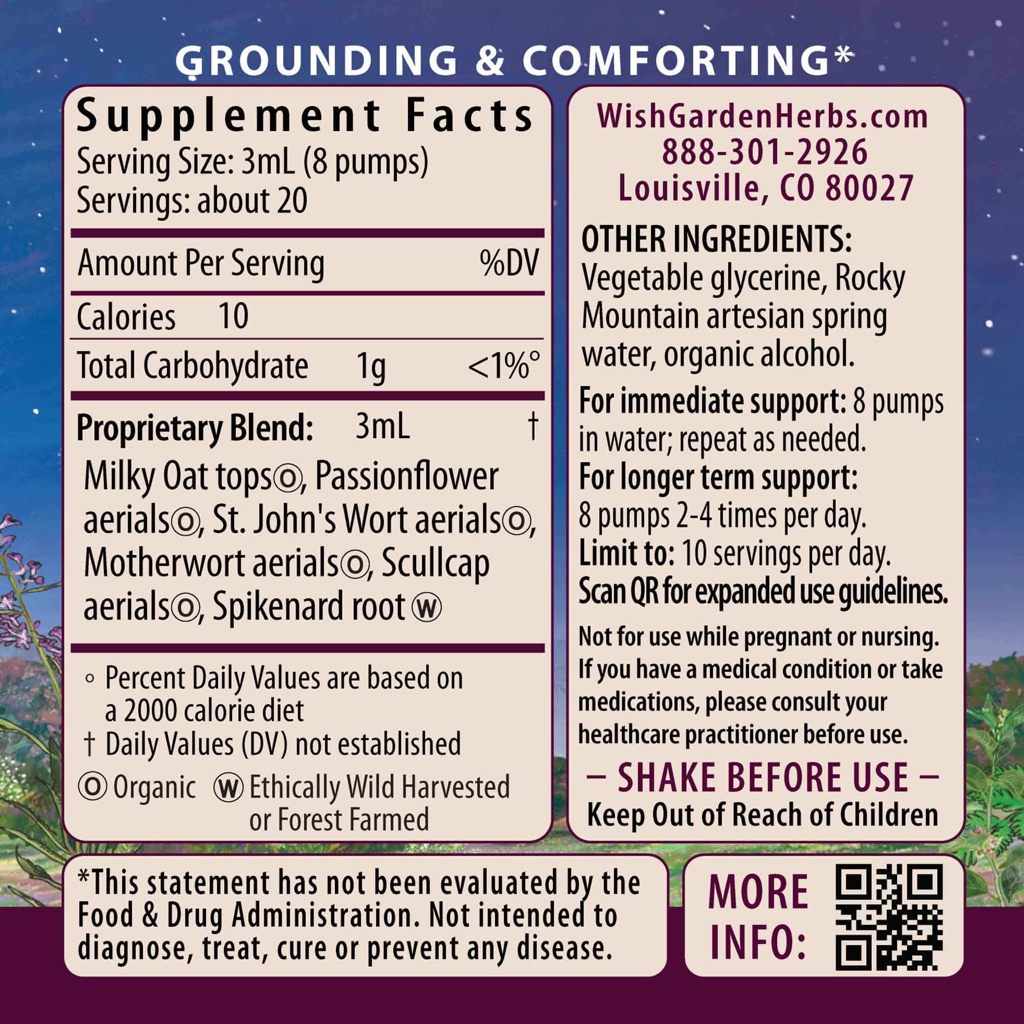 Supplement facts label for "Emotional Ally: A Big Herbal Hug" stress relief tincture, with mood and emotional support herbs like milk oat tops and passionflower, dosing instructions, manufacturer info, warnings, floral border, organic and ethical icons.