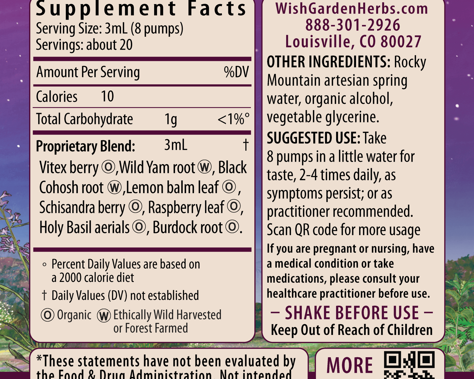 Supplement facts label for Hot Flash Tamer, Daily Regulator by WishGarden Herbs. Includes ingredients, serving size, suggested use, menopause caution, QR code, contact info, an FDA disclaimer, and features a pink and purple design.