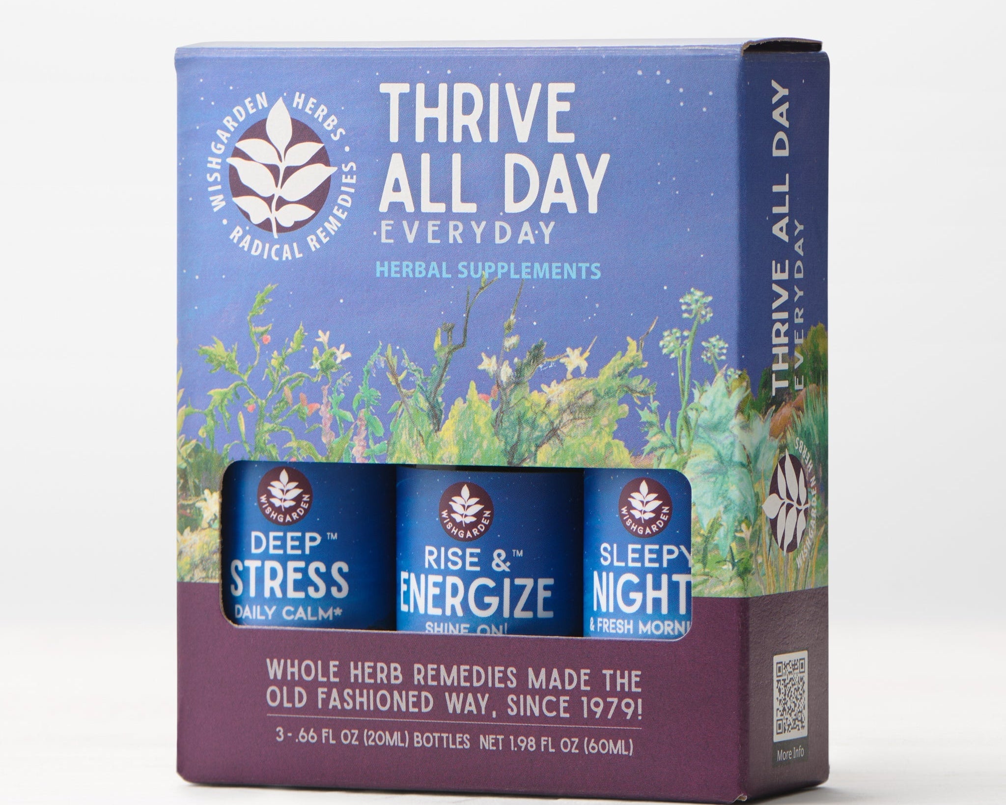The Thrive All Day 3-Pack includes three bottles—Deep Stress, Rise & Energize, and Sleepy Night—in a box with a vibrant floral and night sky design.