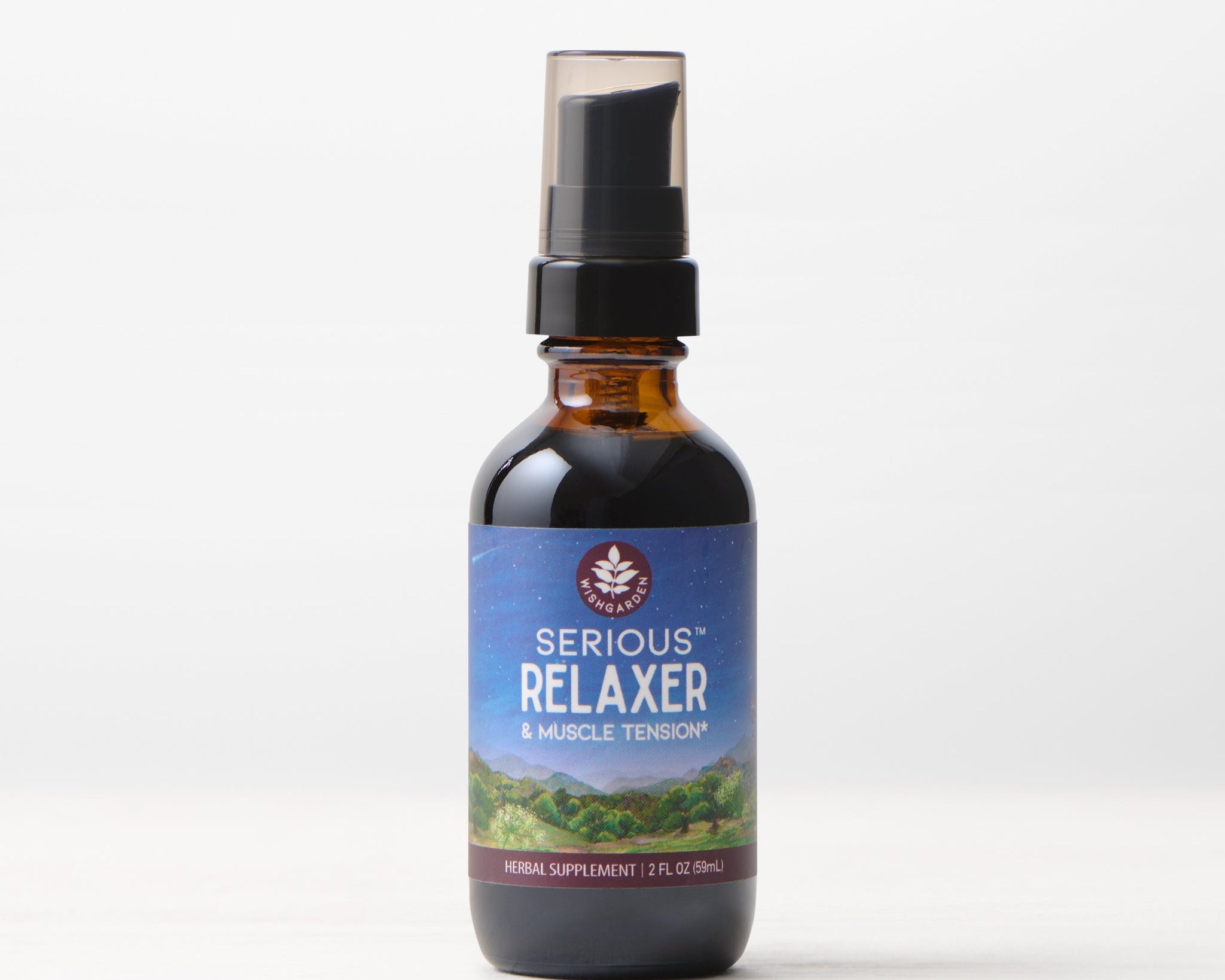 The Serious Relaxer & Muscle Tension herbal supplement comes in a brown glass bottle with a black pump cap, shown on a white surface with a plain light background—perfect for supporting stress relief and easing muscle tension.