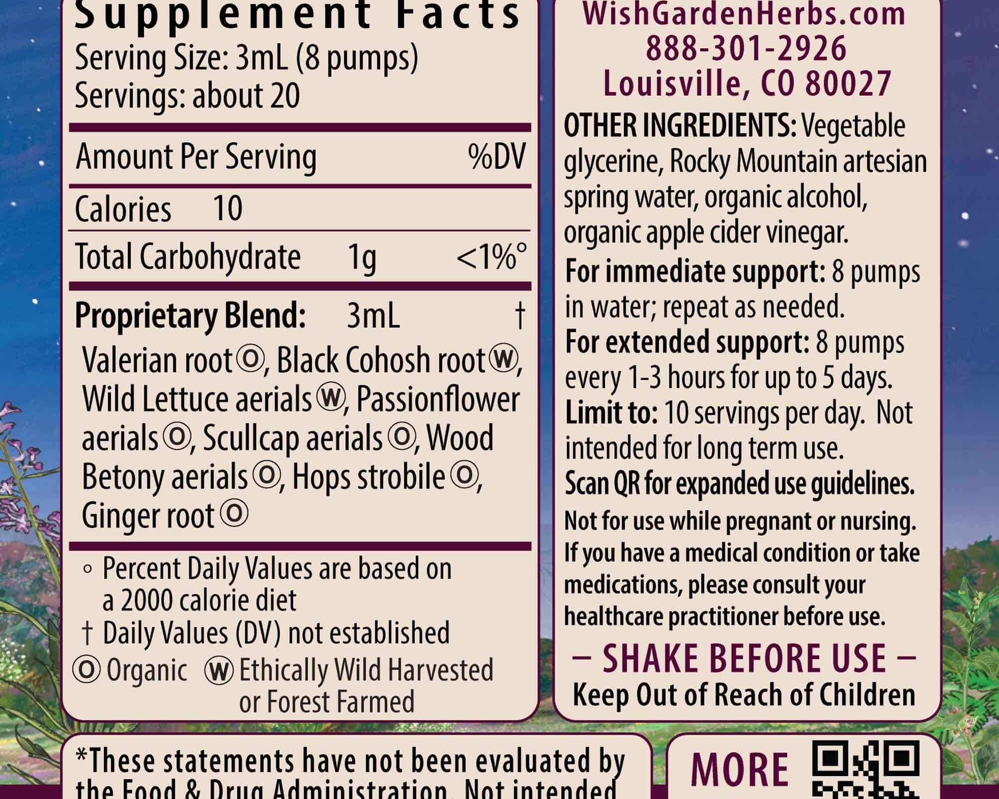 Supplement facts label for Serious Relaxer & Muscle Tension, showcasing stress and sleep support benefits. Includes ingredients, usage directions, manufacturer info, FDA disclaimer, a soothing purple-pink background, and QR code at bottom right.