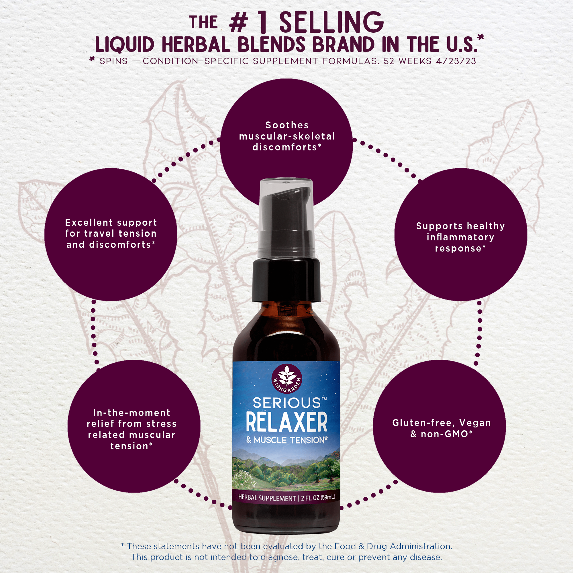 A bottle of Serious Relaxer & Muscle Tension appears on a purple background, with dotted lines linking it to circles highlighting its benefits: muscle tension relief, stress support, and healthy inflammatory response.