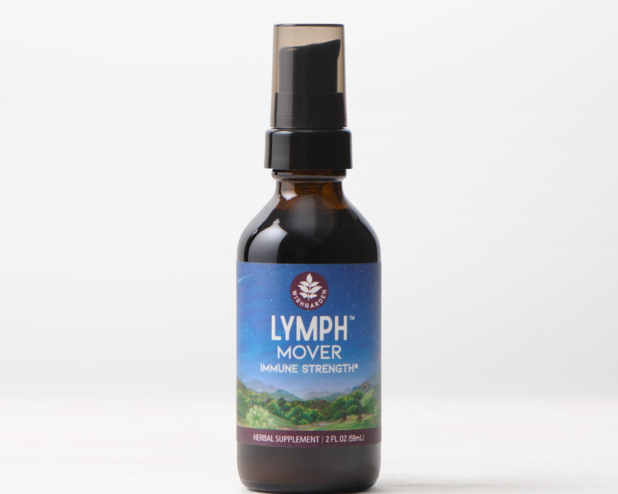 A brown glass spray bottle labeled Lymph Mover, Immune Strength for lymphatic support features a blue and green nature-themed label and stands on a white surface against a plain light background.