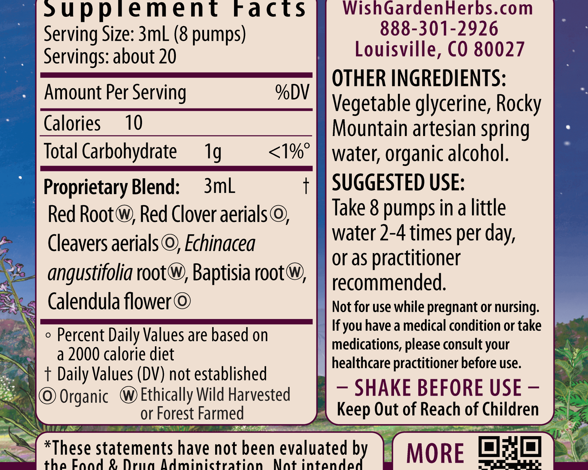 The supplement facts label for Lymph Mover, Immune Strength details ingredients, serving size, suggested use, company info, and disclaimers. It features a purple floral background and bold headings highlighting lymphatic and immune support.