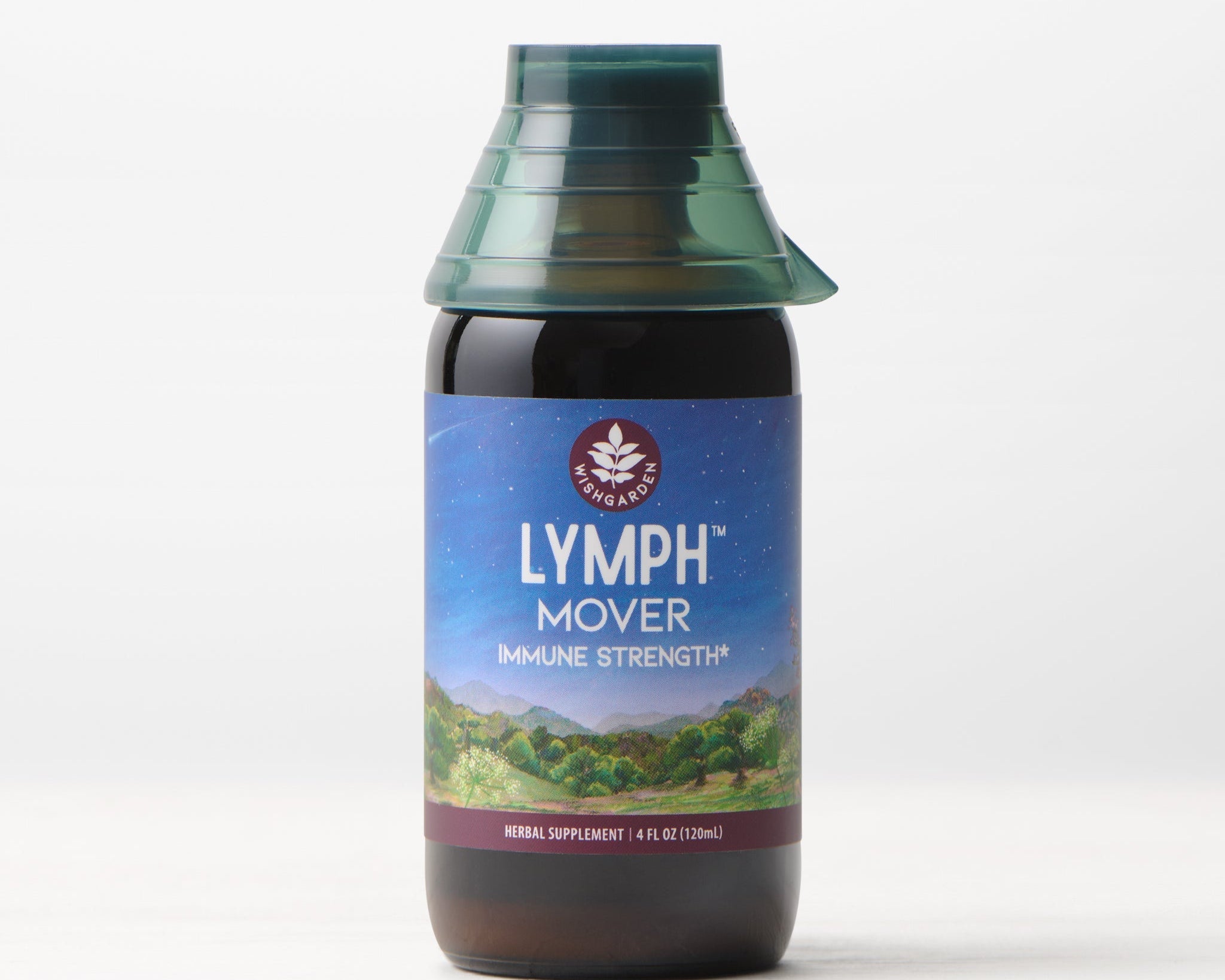 A 4 fl oz (120 ml) bottle of Lymph Mover, Immune Strength herbal supplement with a green cap and blue-purple label showing a landscape and night sky, formulated for immune strength and lymphatic support.
