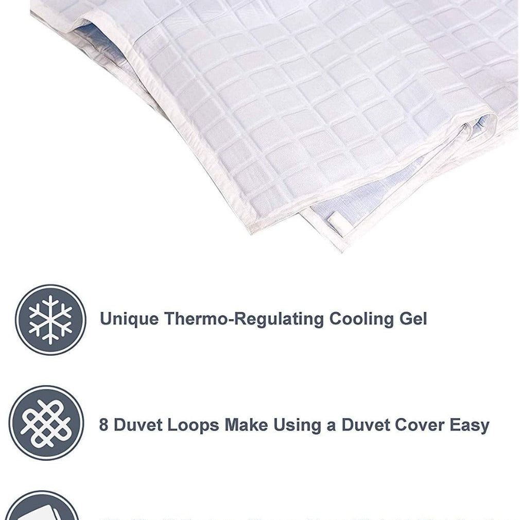 The Final Sale: Opulence Glacier Blanket | Cooling & Weighted is a white quilted blanket for adults with thermo-regulating gel, 8 duvet loops for cover attachment, and baffled texture for even weight distribution.