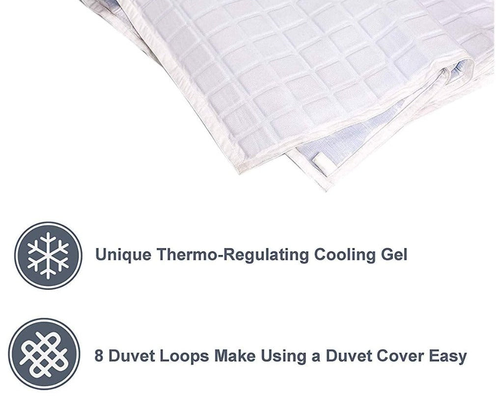 The Final Sale: Opulence Glacier Blanket | Cooling & Weighted is a white quilted blanket for adults with thermo-regulating gel, 8 duvet loops for cover attachment, and baffled texture for even weight distribution.