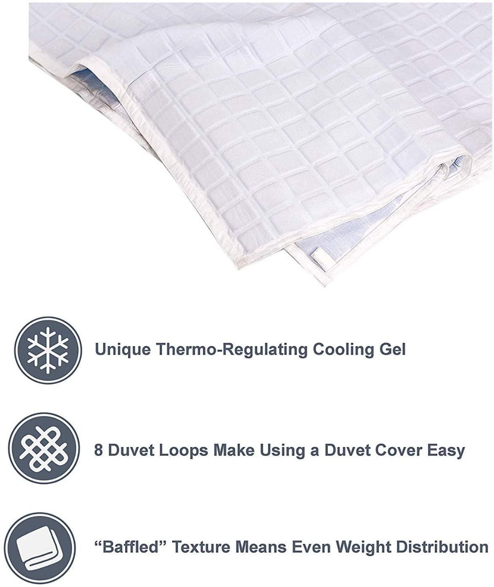 The Final Sale: Opulence Glacier Blanket | Cooling & Weighted is a white quilted blanket for adults with thermo-regulating gel, 8 duvet loops for cover attachment, and baffled texture for even weight distribution.