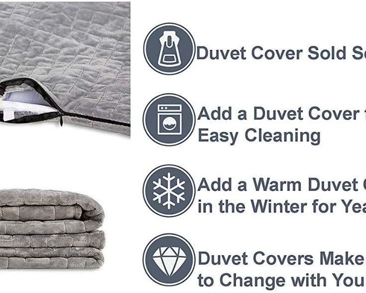 A folded, partially unzipped Opulence Glacier Blanket (Final Sale) is shown. Text and four icons highlight the duvet cover benefits: sold separately, easy to clean, for year-round use, and allows quick style changes.
