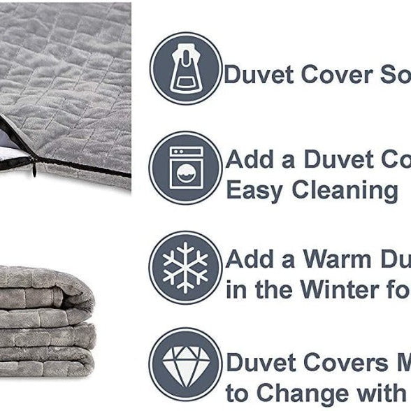 A folded, partially unzipped Opulence Glacier Blanket (Final Sale) is shown. Text and four icons highlight the duvet cover benefits: sold separately, easy to clean, for year-round use, and allows quick style changes.