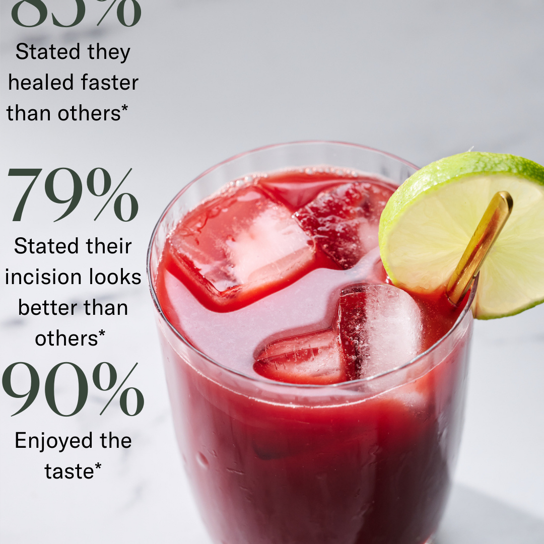 A glass of reddish-purple Before + After Vitals - NutriSurgical Vitamin Powder juice with ice and lime sits on marble, with text showing consumer survey results on incision healing, appearance, and taste satisfaction.